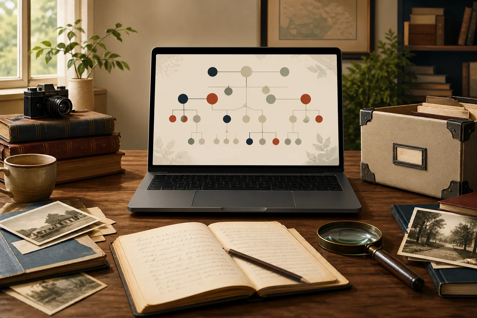 Editorial illustration of an unbranded laptop with an abstract family tree beside photos, records, and archive tools