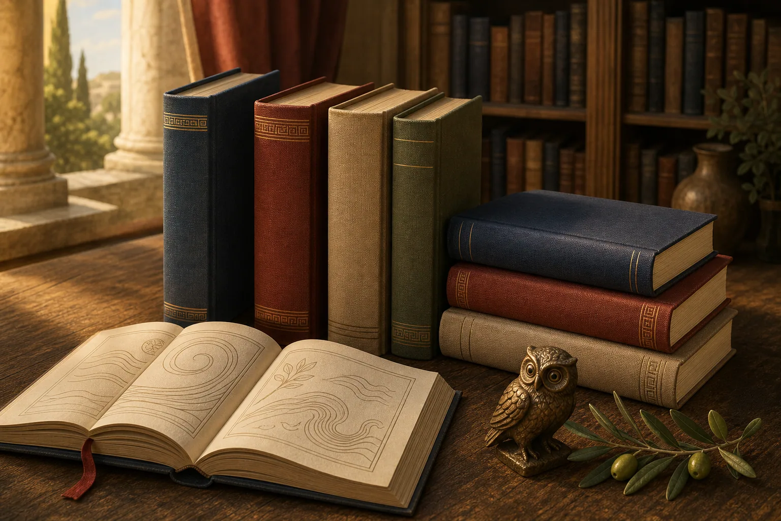 Editorial illustration of seven unmarked clothbound books, an open book, an owl figure, and an olive branch on a library table