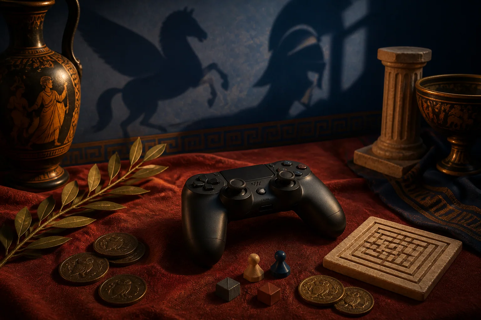 Editorial illustration of an unbranded game controller, a labyrinth tile, tokens, coins, and Greek myth motifs on a table