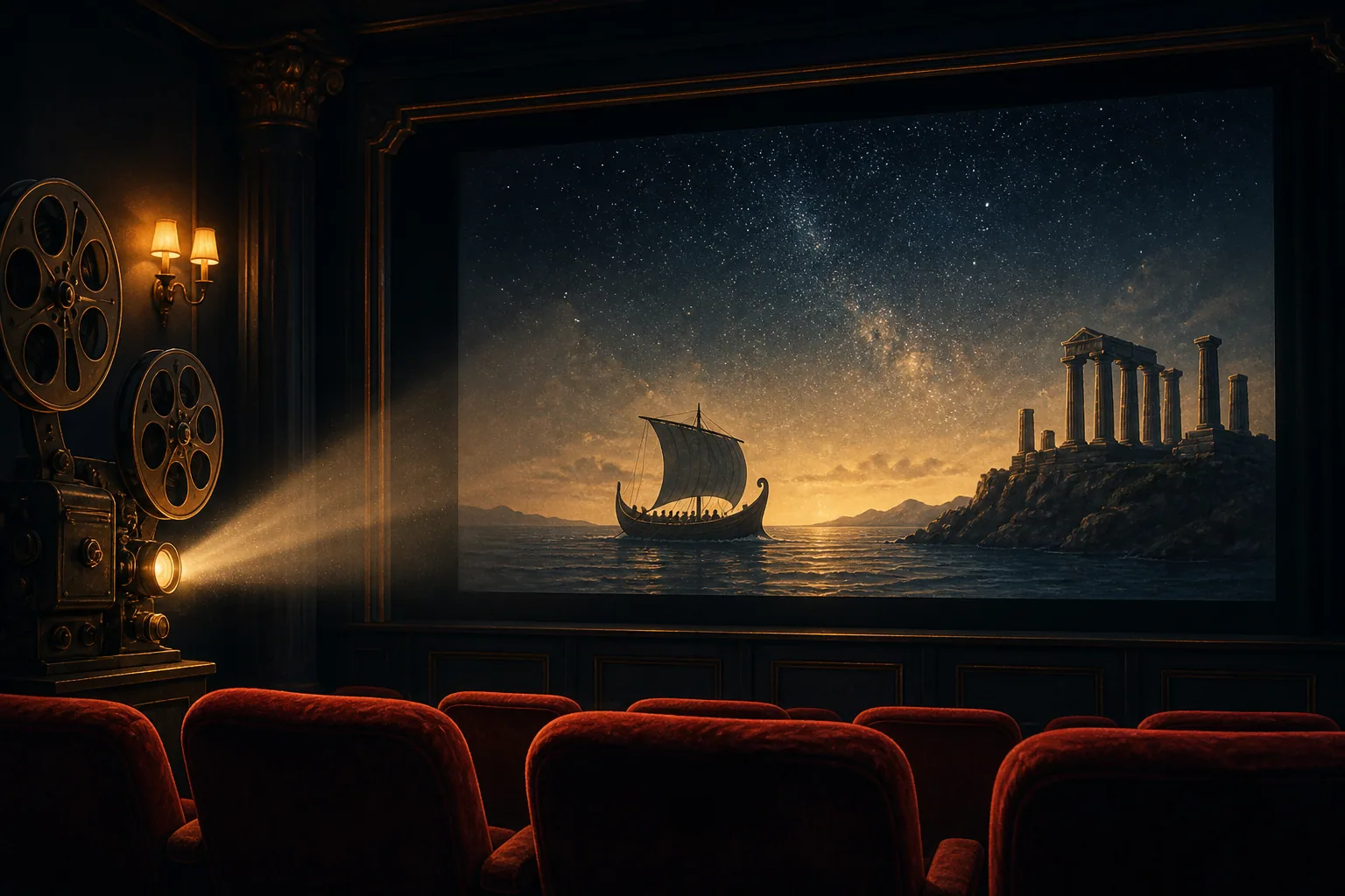 Editorial illustration of an old cinema showing an unbranded sailing ship and classical ruins beneath a starry sky