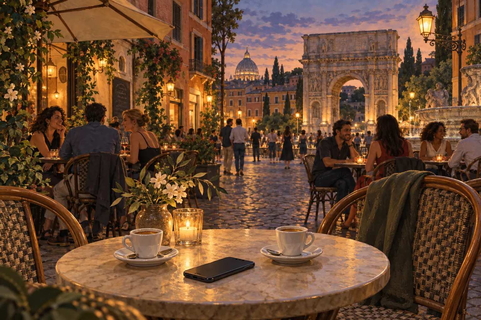 Warm editorial illustration of a Rome-inspired piazza at dusk, with cafe patrons, two espresso cups, and a phone on a table